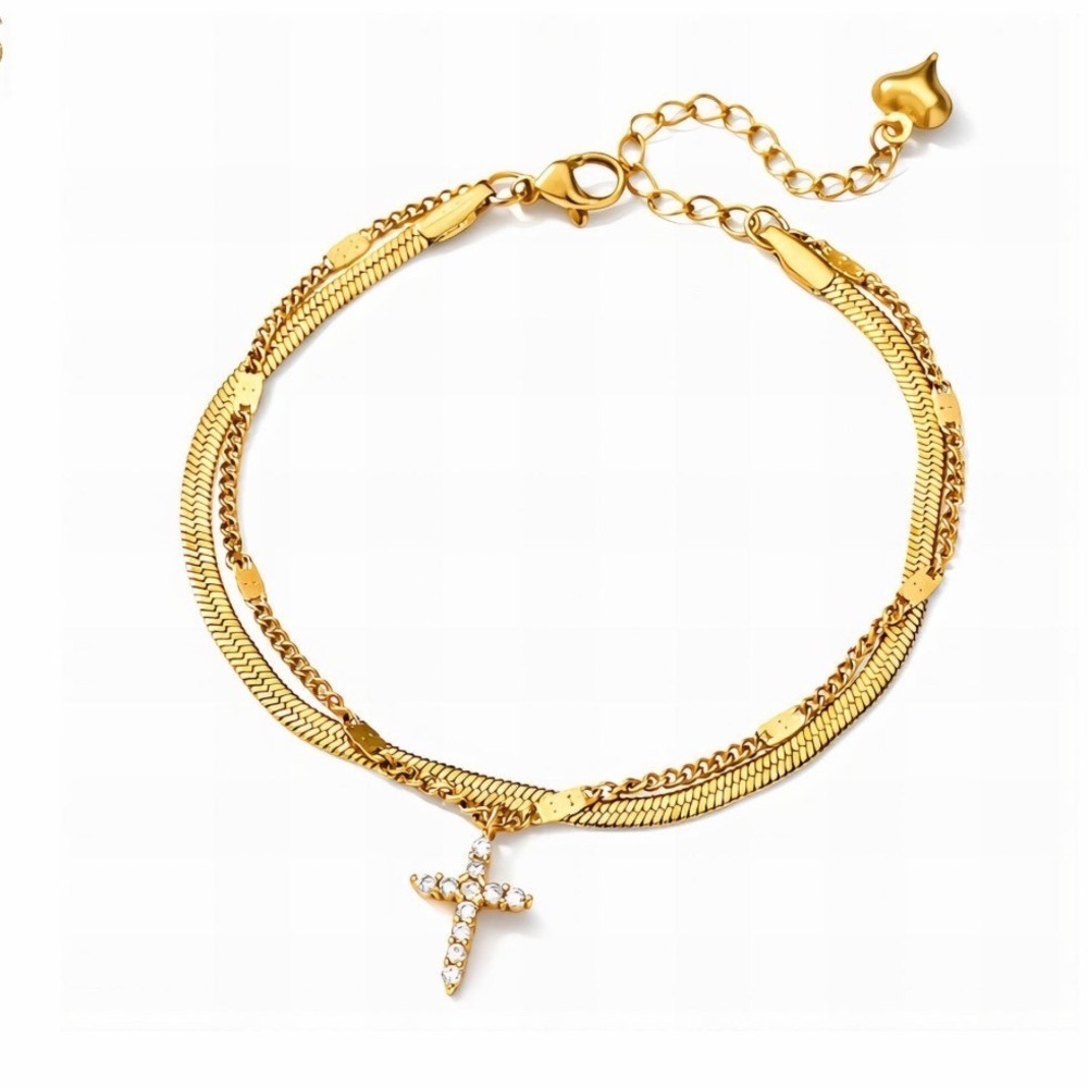 Faith Inspired Crosse Bracelet with Double Strand Sleek Herringbone Snake Chain